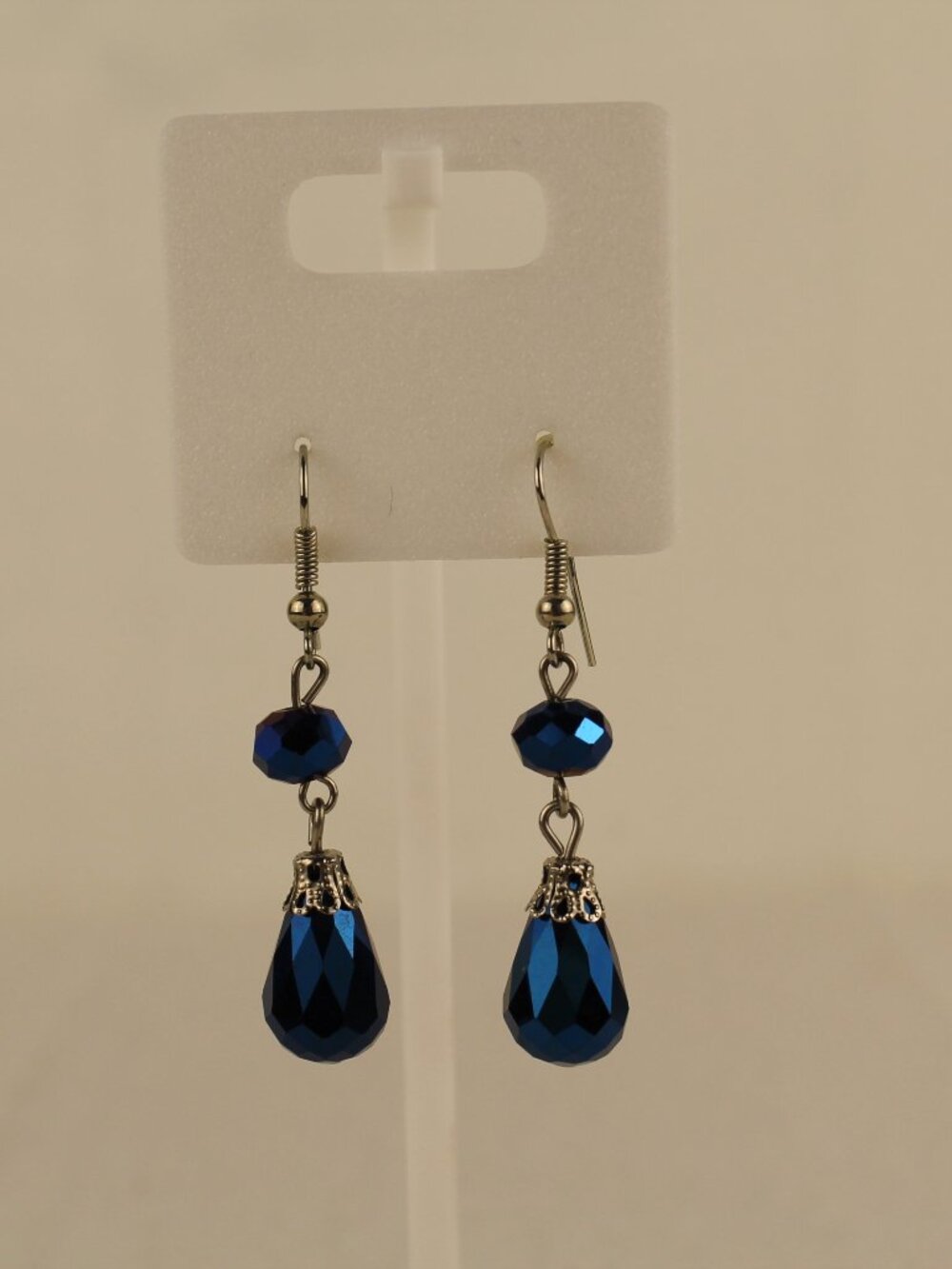 Cobalt Blue Crystal Teardrop Dangle Earrings Silver Tone Filigree Cap Fishhook